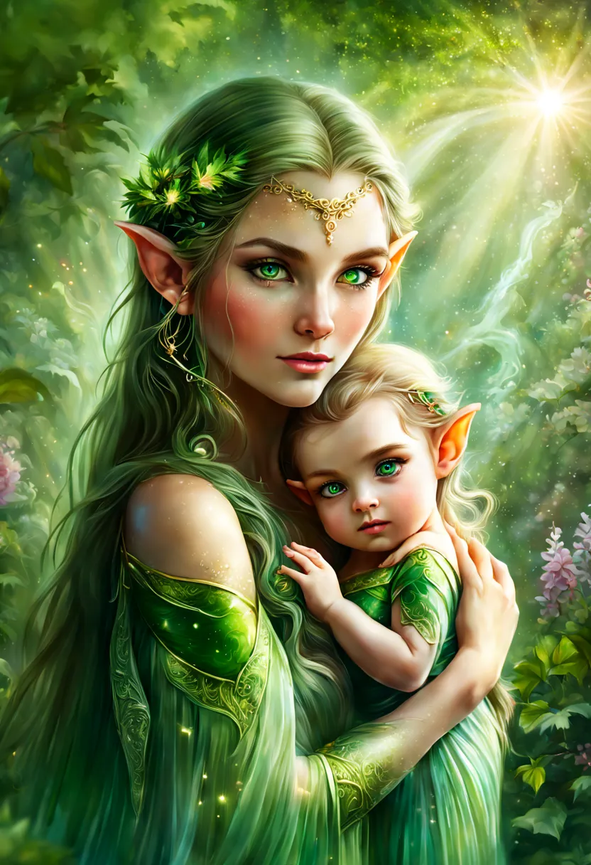 Hyper-detailed photograph of a captivating portrait of an elf mother with her baby: 1.2), (sharp focus, hyper-detailed, very com...