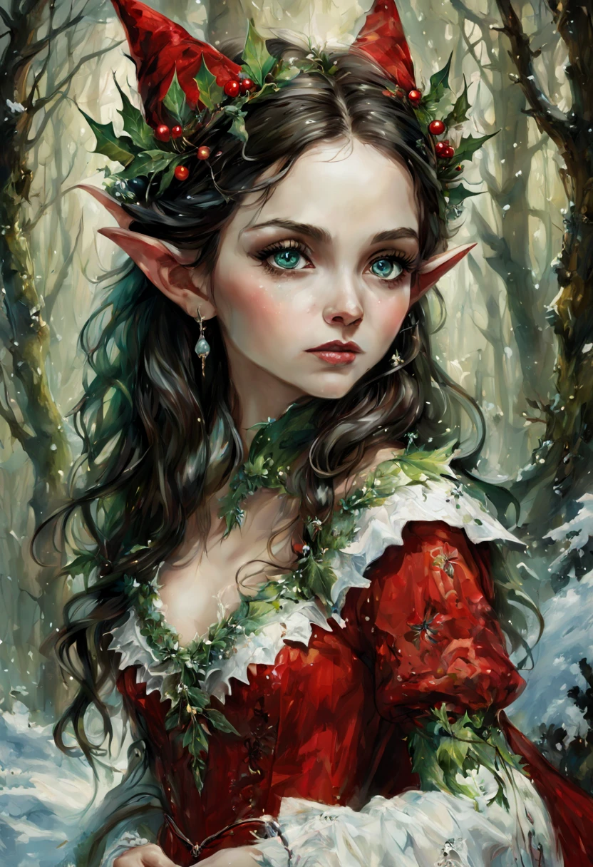 Beautiful Long-ears elf queen green eyes in red- white Christmas dress , enchanted forest background, dark hair, fantasy, intricate details, hyper detailed, Jean Baptiste Monge, Carne Griffiths, Michael Garmash, seb McKinnon, masterpiece