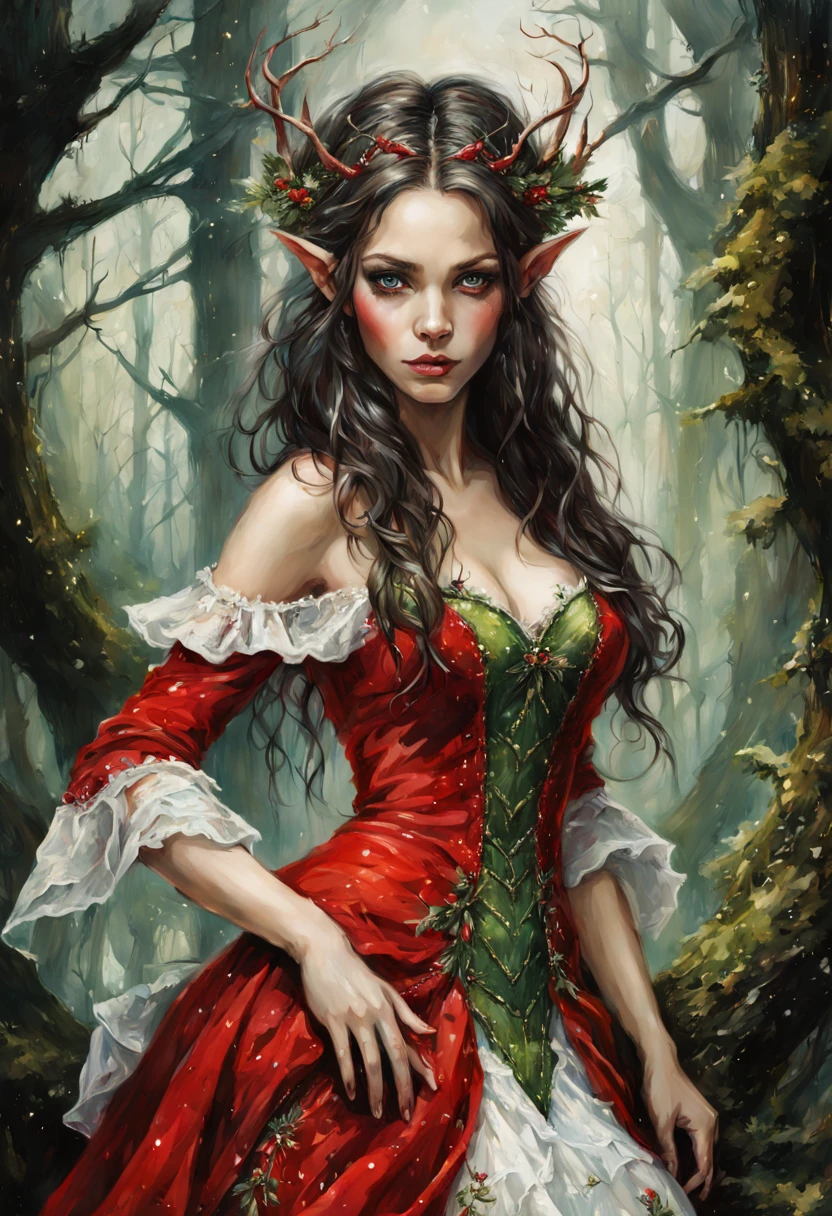 Beautiful Long-ears elf queen green eyes in red- white Christmas dress , enchanted forest background, dark hair, fantasy, intricate details, hyper detailed, Jean Baptiste Monge, Carne Griffiths, Michael Garmash, seb McKinnon, masterpiece