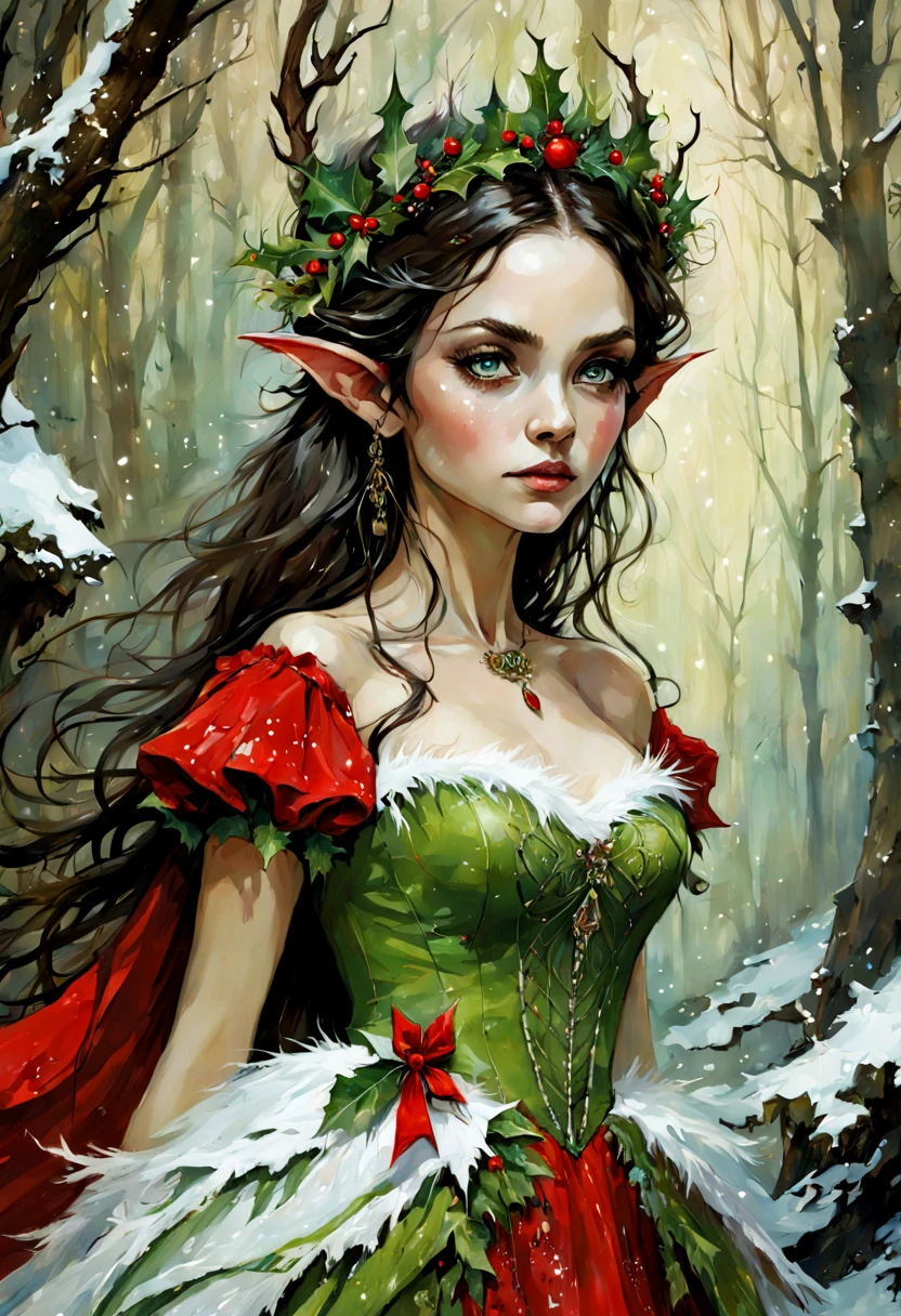 Beautiful Long-ears elf queen green eyes in red- white Christmas dress , enchanted forest background, dark hair, fantasy, intricate details, hyper detailed, Jean Baptiste Monge, Carne Griffiths, Michael Garmash, seb McKinnon, masterpiece