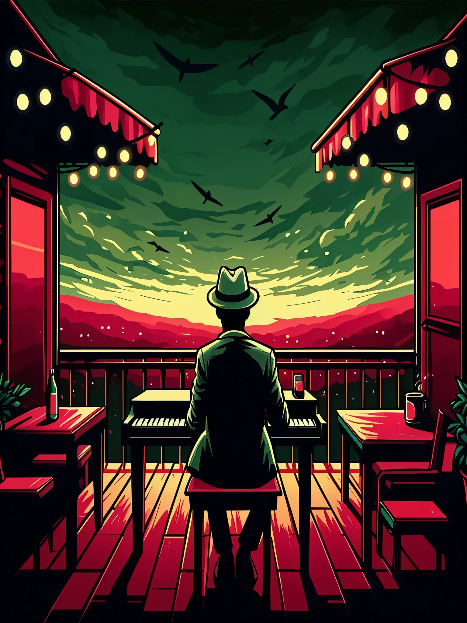 Dessinez une scène d'art anime simple d'un homme nigérian avec un chapeau jouant du piano sur une terrasse, lumières féériques, sombre, Tons de rouge verdâtre, ciel nuageux, Aucun humain, des tons de couleurs vibrants,