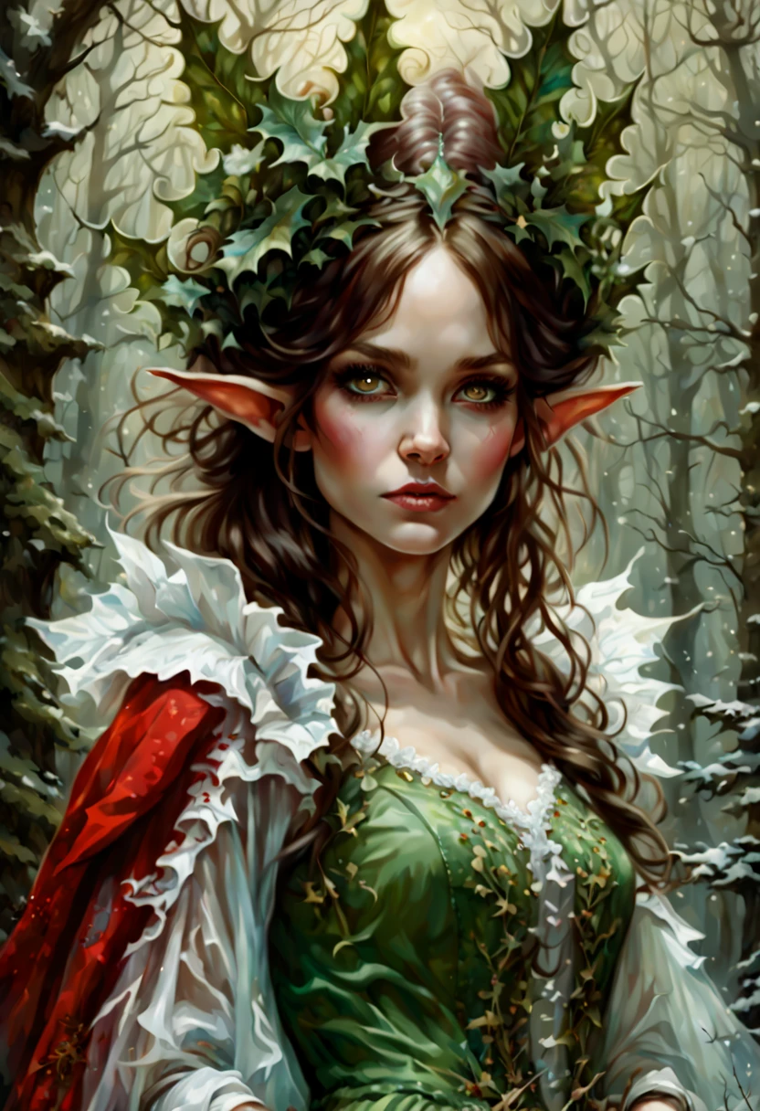 Beautiful Long-ears elf queen green eyes in red- white Christmas dress , enchanted forest background, dark hair, fantasy, intricate details, hyper detailed, Jean Baptiste Monge, Carne Griffiths, Michael Garmash, seb McKinnon, masterpiece