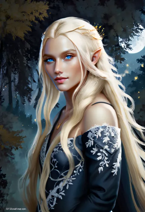 Old Master Painting, dark aesthetic, Charming half-length close-up of Nordic light elf, Has blonde hair, blue eyes, Exceptionall...