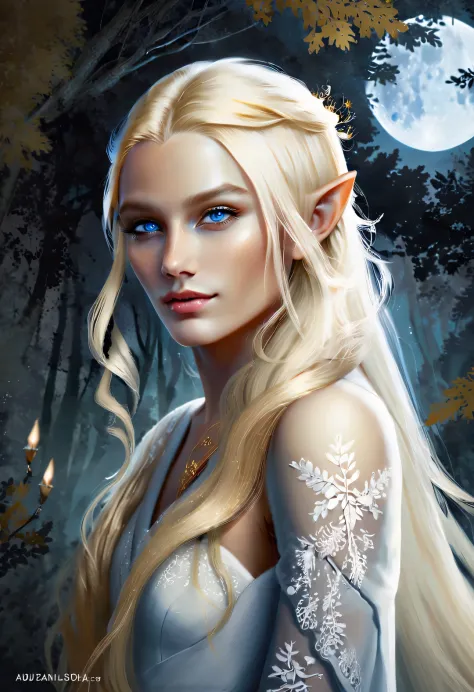 Old Master Painting, dark aesthetic, Charming half-length close-up of Nordic light elf, Has blonde hair, blue eyes, Exceptionall...