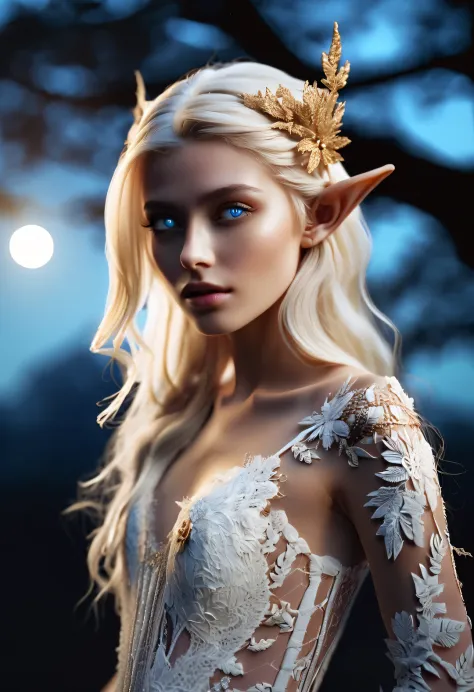 Old Master Painting, dark aesthetic, Charming half-length close-up of Nordic light elf, Has blonde hair, blue eyes, Exceptionall...