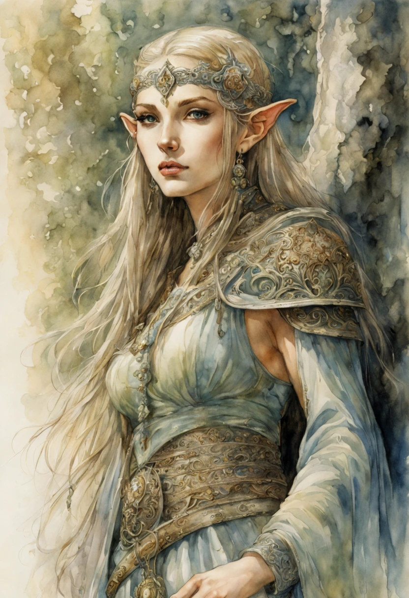 Very charming and beautiful Elf. Maximalist hyperdetailed fantasy masterwork by Alan Lee, Luis Royo and Anton Pieck. Warhammer fantasy. Hyperdetailed aquarelle masterpiece, impressive, cinematic light, perfect composition, strong shadows, soft colors, ink accents. grimdark. Aquarelle wet on dry watercolor. Side view. Fine filigree background details. Small pointy ears. Intricate filigree jewellery