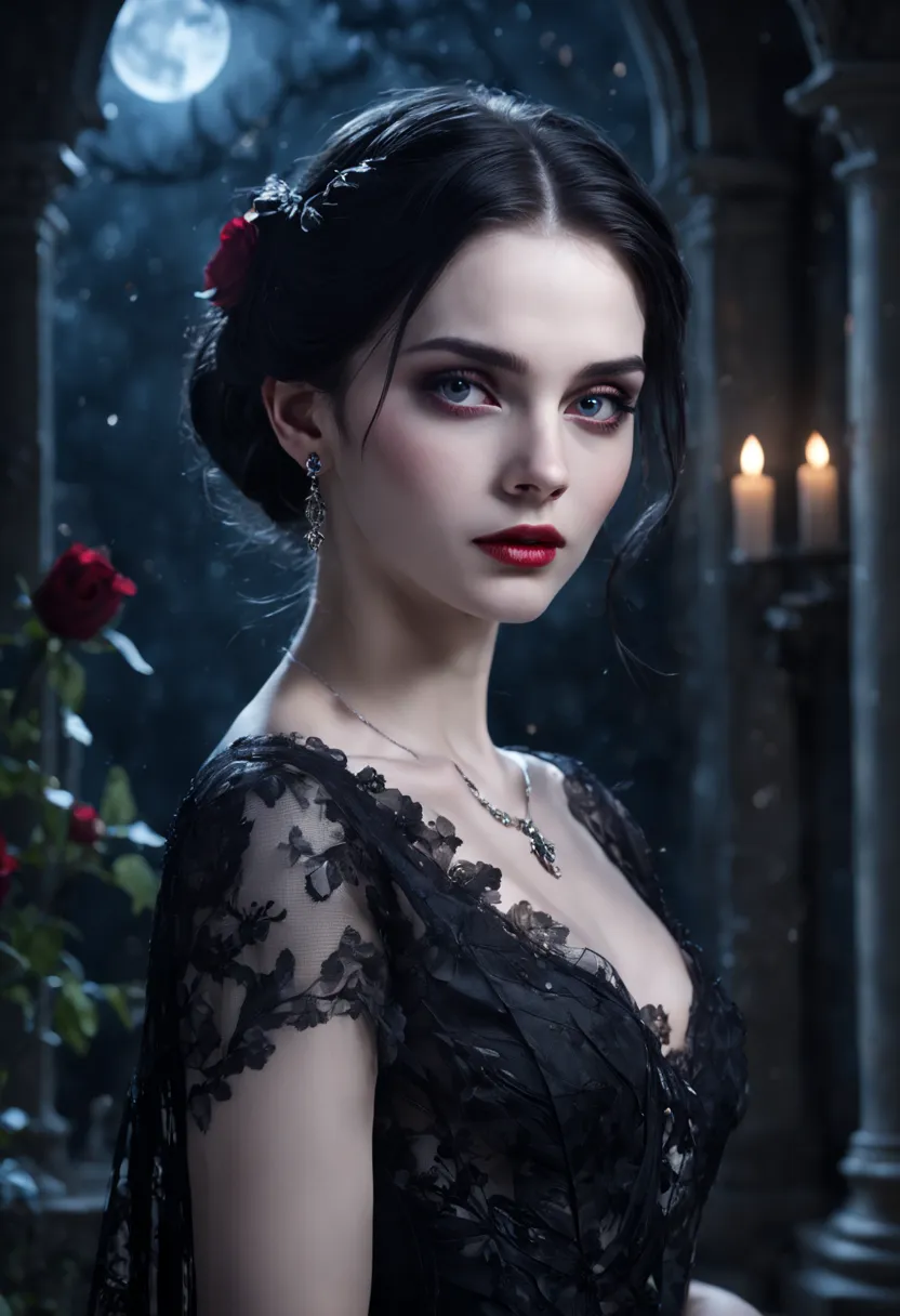 Vampire Princess,26 years old,breathtakingly beautiful,red eyes,whitish blackhair,(best quality,4k,8k,highres,masterpiece:1.2),u...