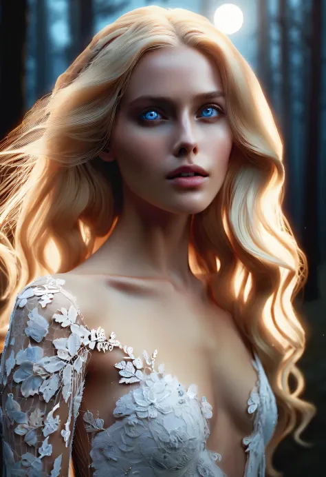 Old Master Painting, dark aesthetic, look straight ahead,
Scandinavian elf charming half-length close-up photo, Has blonde hair,...