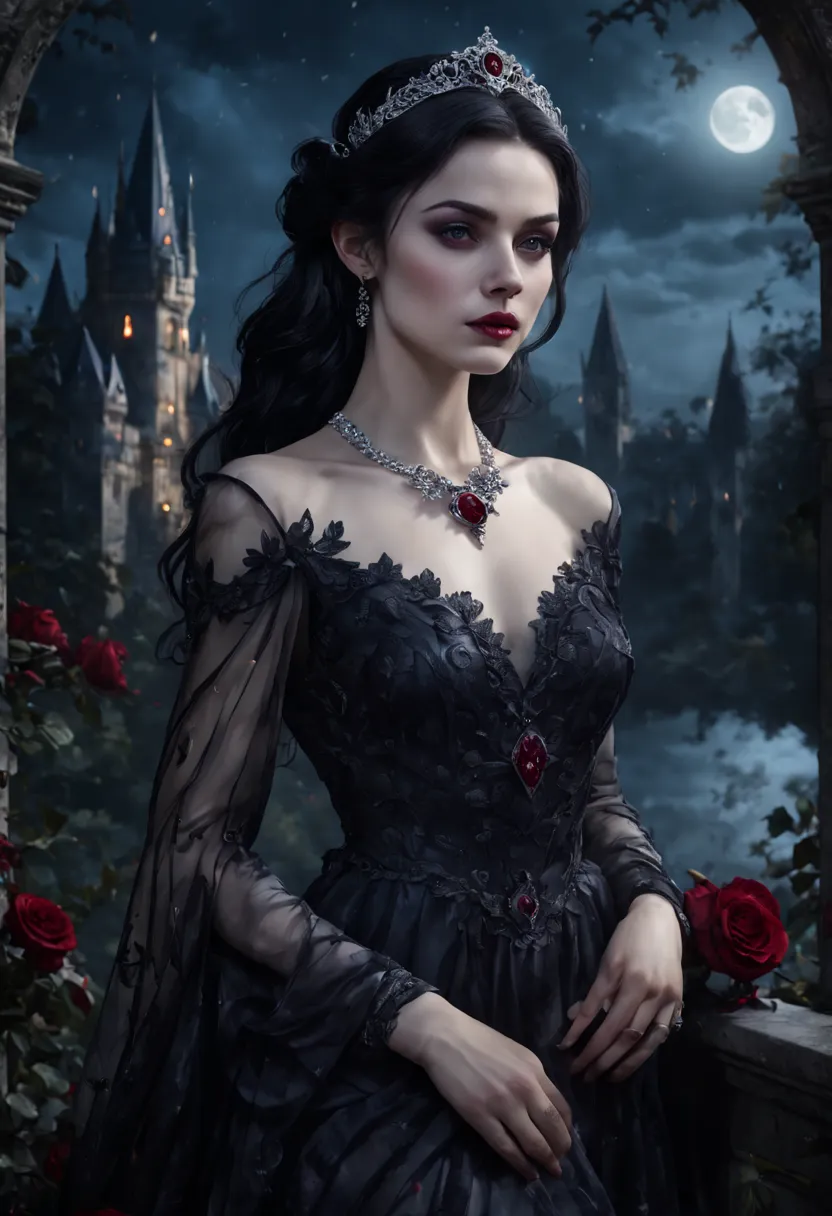 Vampire Princess,36 years old,breathtakingly beautiful,red eyes,whitish blackhair,(best quality,4k,8k,highres,masterpiece:1.2),u...