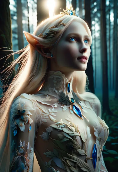 Old Master Painting, dark aesthetic, look straight ahead,
Scandinavian elf charming half-length close-up photo, Has blonde hair, blue eyes, Exceptionally beautiful, minimalist, eternal melancholy, Stylish photography style, Dramatic firefly light, black to...