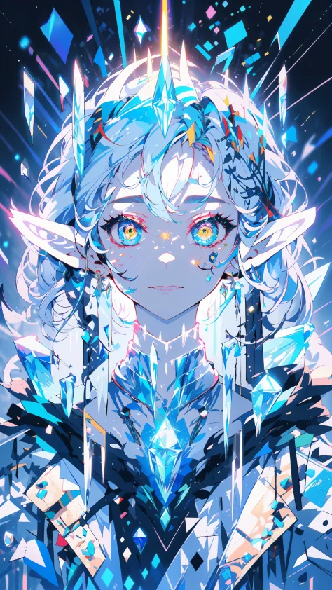 (portrait of an ice elf:1.2), medium length elf ears, pointy ears,ice around, frosty theme,( shiny yellow eyes:1.2), light cold ...