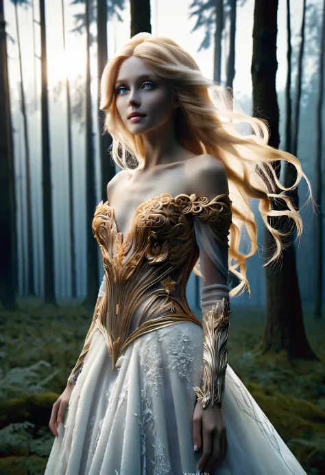  look straight ahead,
Scandinavian elf charming half-length close-up photo,Old Master Painting, dark aesthetic,， Has blonde hair, blue eyes, Exceptionally beautiful, minimalist, eternal melancholy, Stylish photography style, Dramatic firefly light, black t...