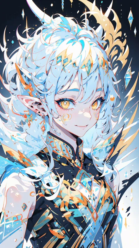 (portrait of an ice elf:1.2), medium length elf ears, pointy ears,ice around, frosty theme,( shiny yellow eyes:1.2), light cold ...