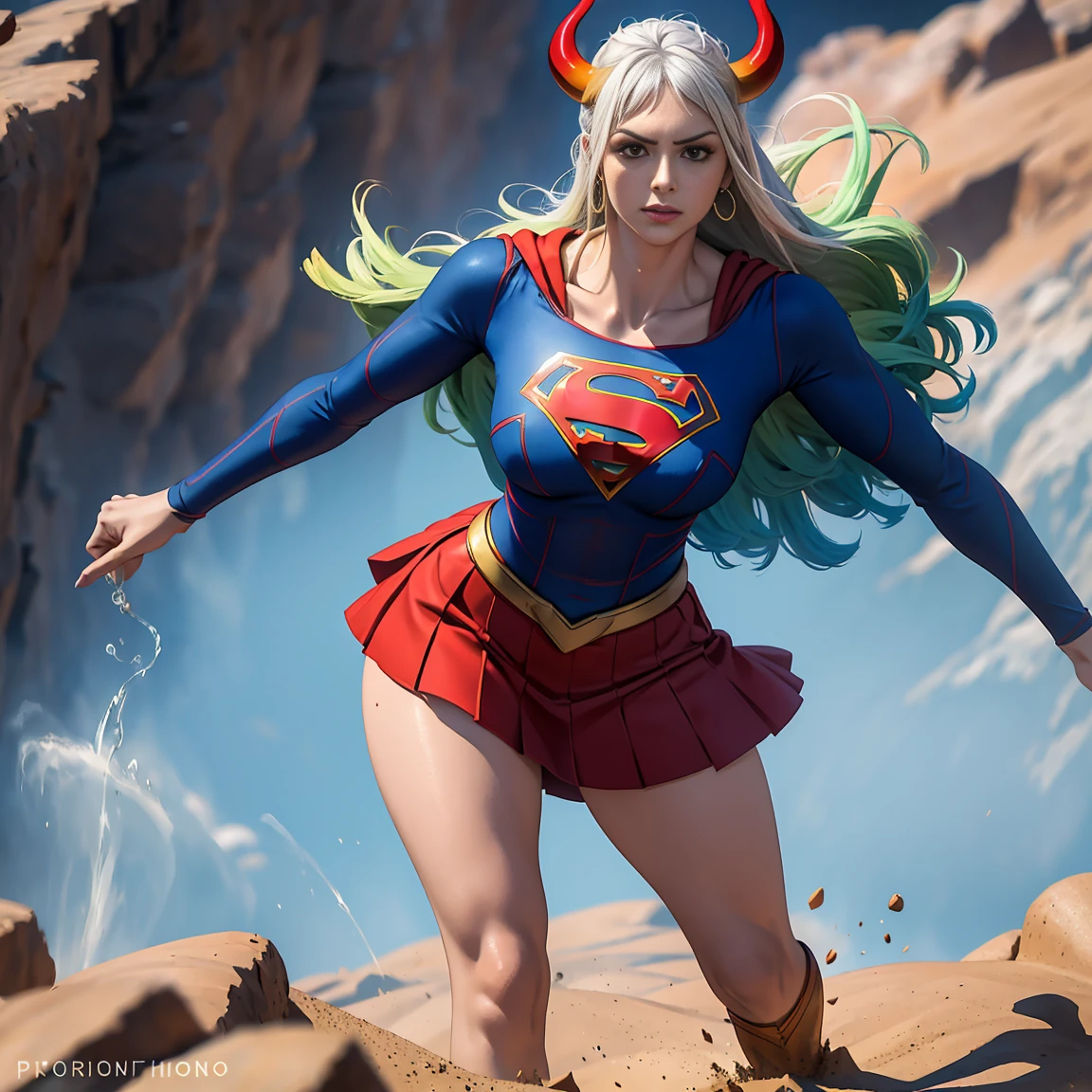 Detalhado cabelo branco longo,  tamanho de arquivo enorme, 1girl, demon girl, Superhero Supergirl, terno Supergirl, capa vermelha, S do super-homem no peito, blue swimsuit, Red skirt, botas vermelhas, ultra sexy hiper sedutora, (Desert Oasis:1.1), Rosto extremamente detalhado, Foto RAW, filmic grain, master part, UHD, HDR, skin pores, maquiagem sedutora escura requintada, delineador escuro, buffalo horn with red tips ((longos cabelos brancos)), ((seios muito firmes)), (((tonificado, Impeccable, encaixe, corpo perfeito e anatomia;))), ((Olhando para o Viewer)), ((hiper sedutor)), profundidade de campo, alto, sexy , realismo, VFX, Volumetric lighting, volumetric light, volumetric, natural lighting, Detalhado e intrincado,  Detalhes intrincados, quantidade absurda de detalhes, absurdos, high resolution, na cidade