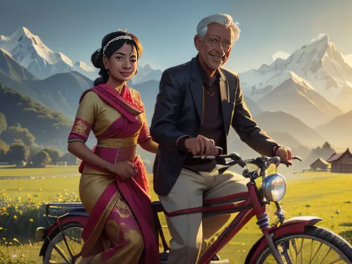 (a Belgian man:1.1,a Nepali woman:1.1),(married couple), bicycle ride,(early 60s),greying hair, smiling,scenic landscape,serene ...