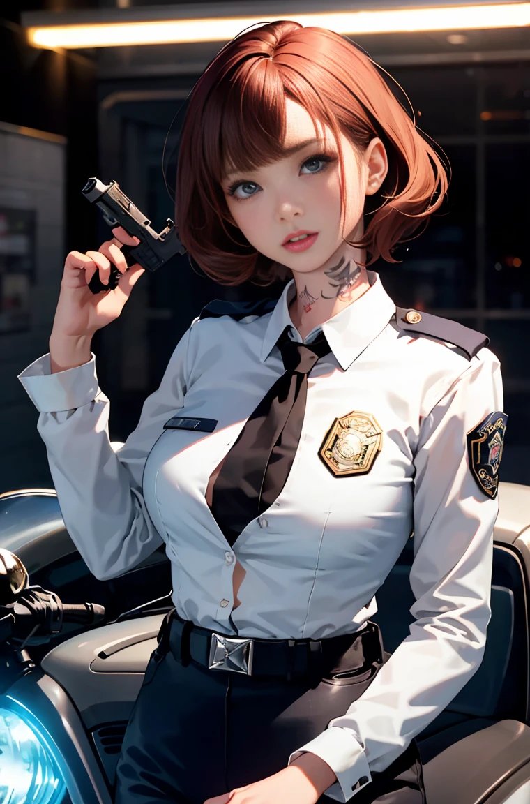 1 live action girl, female police officer, delicate and beautiful face, red face, short curly hair, spread of hair, hair strip dyeing，goggles, anger, parted lips, chest with tattoo, convex buttocks, White striped shirt,Flickering in the chest, With police insignia, black tie, Black suit pants, black high heels, my, Raise the gun in your hand, perfectly proportioned, detailed clothing details, Police Motorcycle, police light effect, Future City, , cinematic lighting, film grain, Fuji color, Contrast between light and dark, 8K, masterpiece, rough skin, Super detailed, very detailed, high quality, High resolution,