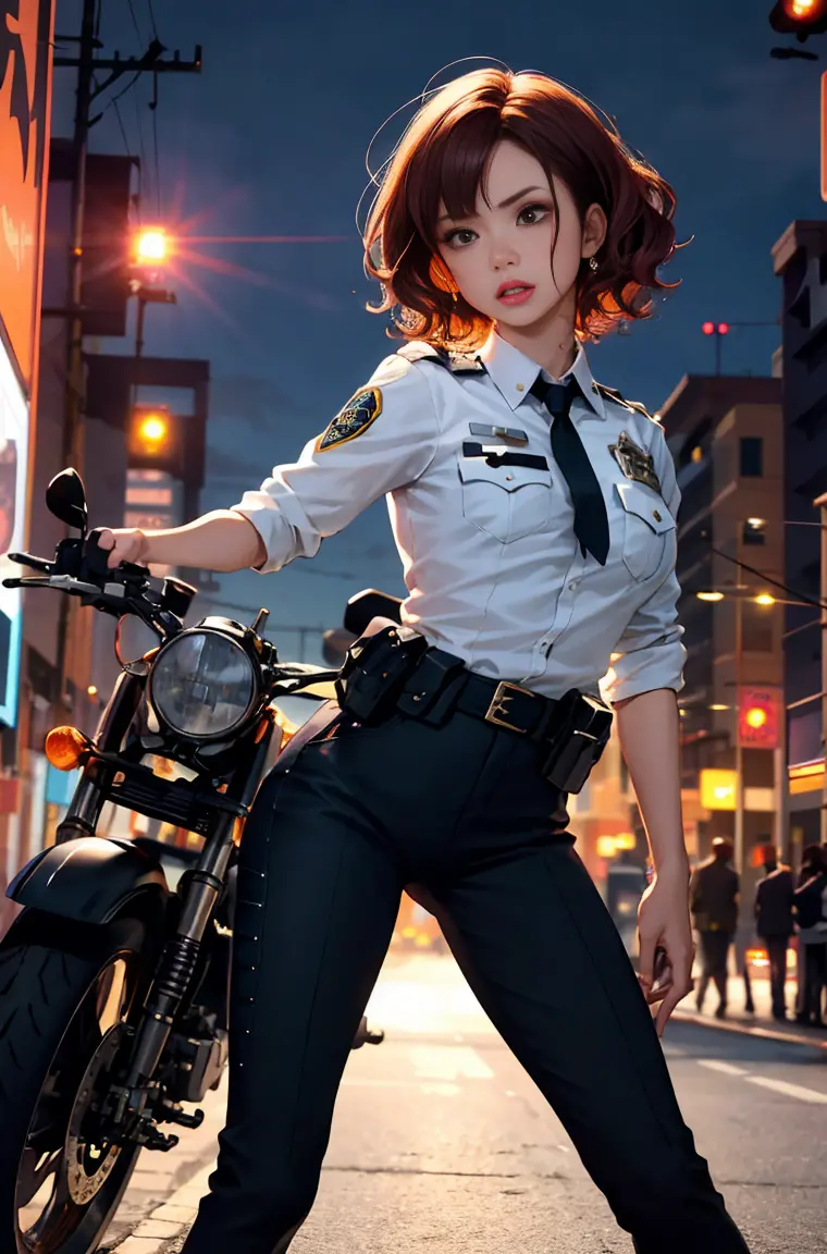 1 live action girl, female police officer, delicate and beautiful face, red face, short curly hair, spread of hair, hair strip d...