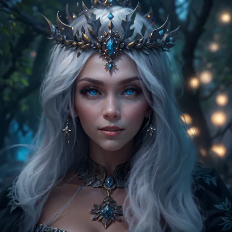 night elf queen,portrait,sharp focus,blue eyes,Flowing white hair,Salient features,Detailed lips,dark skin,mystery的微笑,thorn crow...