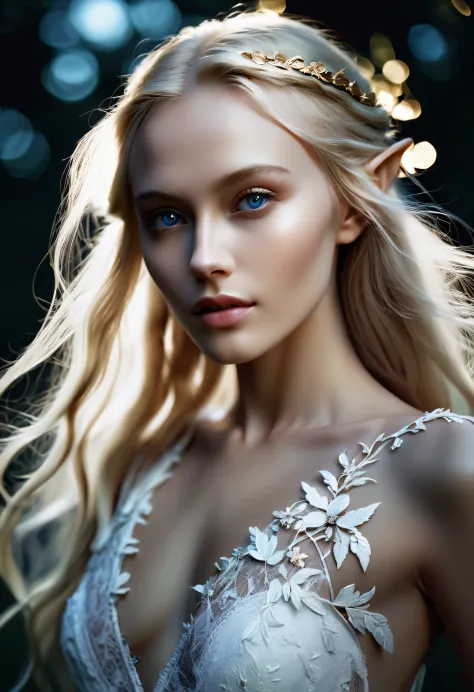 Old Master Painting, dark aesthetic, look straight ahead,
Close-up of the top of the neck of a charming Nordic light elf, Has blonde hair, blue eyes, Exceptionally beautiful, minimalist, eternal melancholy, Stylish photography style, Dramatic firefly light...