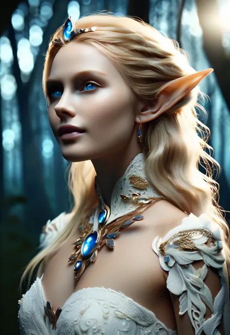 Old Master Painting, dark aesthetic, look straight ahead,
（Close-up of the top of the neck of a charming Nordic light elf), Has blonde hair, blue eyes, Exceptionally beautiful, minimalist, eternal melancholy, Stylish photography style, Dramatic firefly lig...