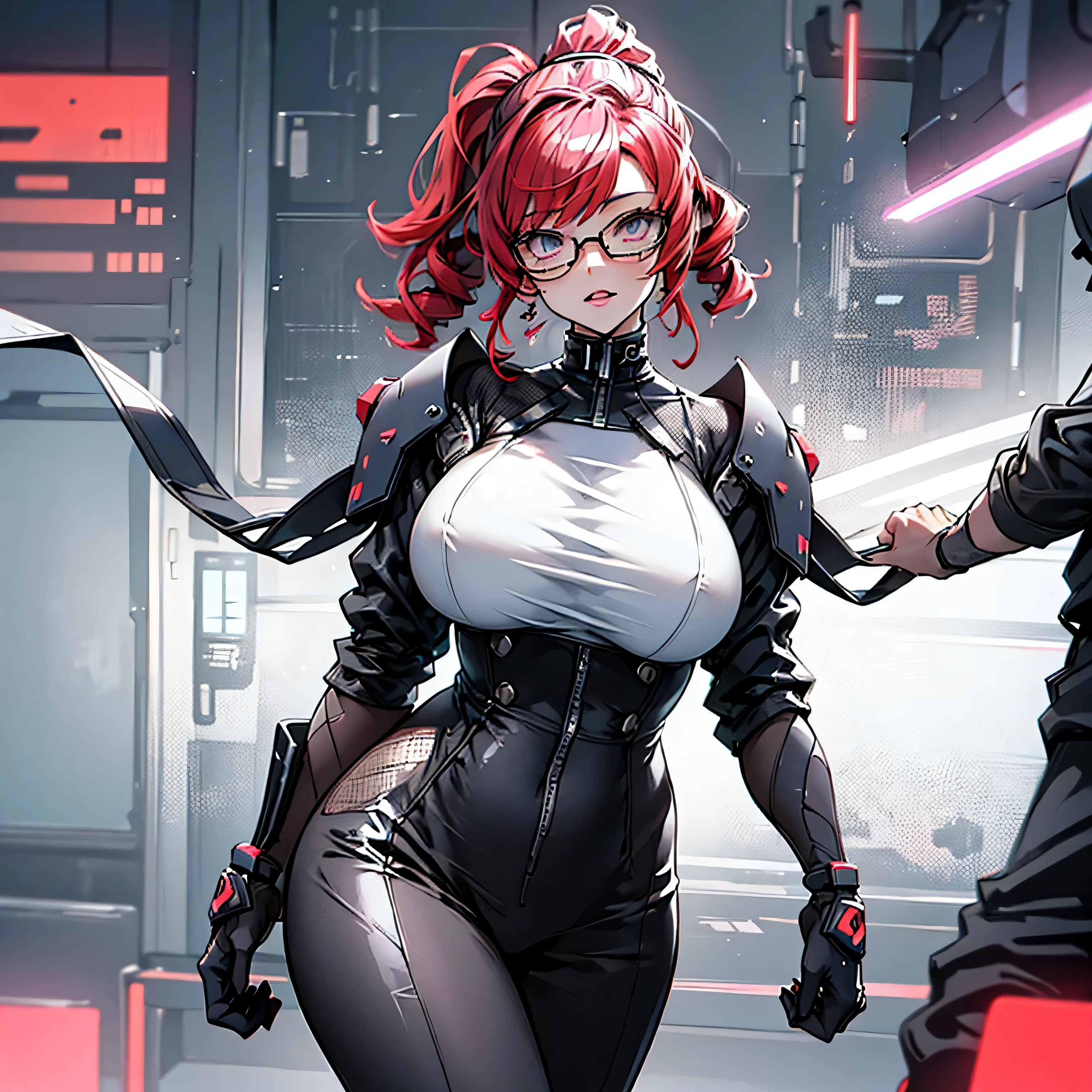 only 1 adult sexy woman, big hips in a corset and a black and white outfit, massive breast, high white curly ponytail, red glasses, with Fishnet on breasts and can be on legs too, humble outfit, wearing techwear and armor, cyberpunk outfit, wearing japanese techwear, intriguing outfit, all black cyberpunk clothes, cyberpunk style outfit, female cyberpunk anime girl, cyberpunk streetwear, cyberpunk dress, anime girl , photograph of a techwear woman, cyberpunk anime girl, wearing cyberpunk streetwear, normal proportion of an adult woman, not too short or fat, the whole pic in purple tones, nsfw