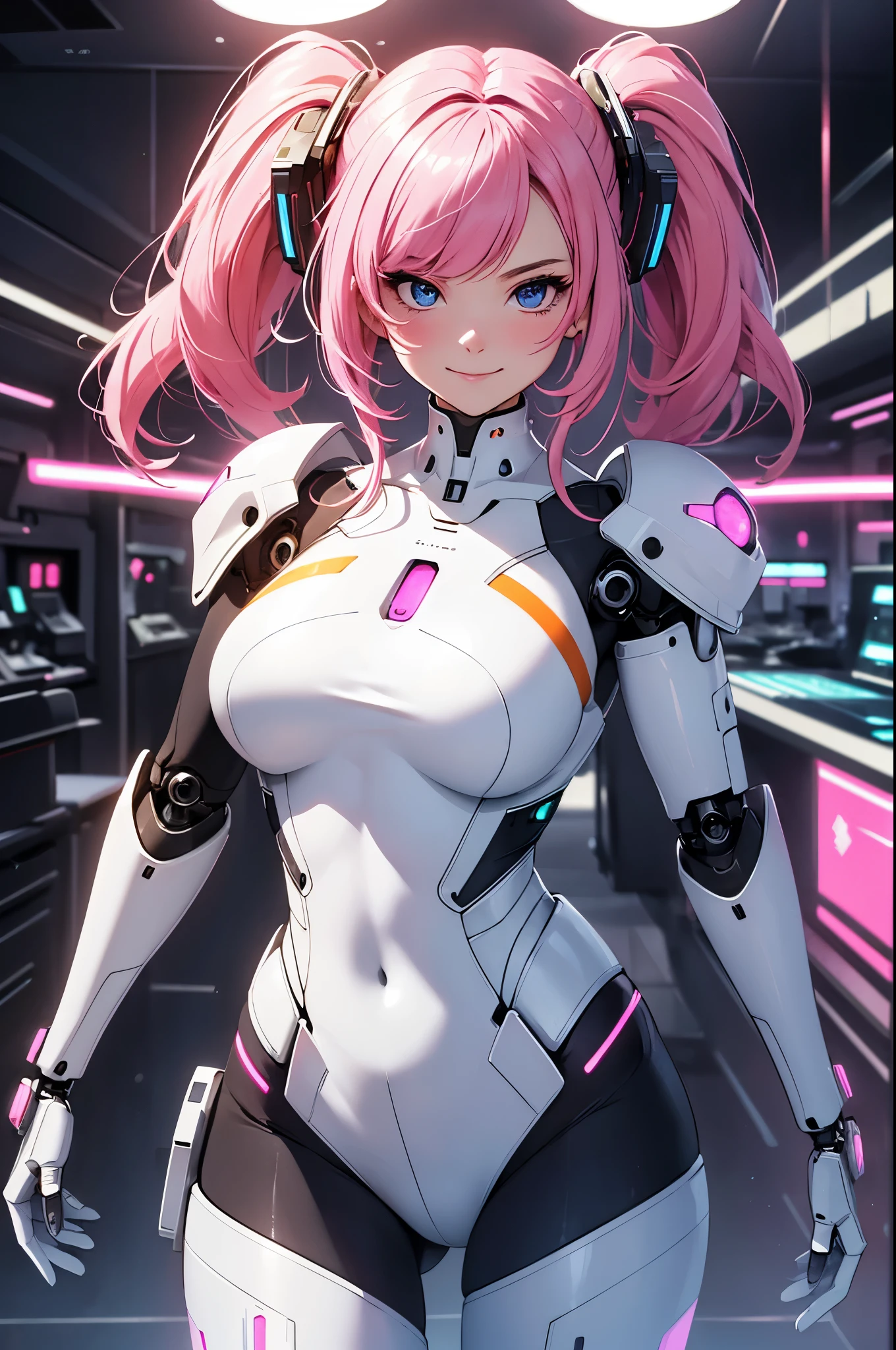 (masterpiece, Best Quality, absurdres, 8K resolution), , ((Solo Girl)), Seductive smile, Pink hair, Blue, Detailed face, Beautiful face, (((white Android body, mechanical parts))), inside laboratory, (charming smile),（neonlight, Vibrant glow, Dynamic color, Vivid Contrast, Futuristic atmosphere，electric energy，shiny reflective surfaces), cowboy shot, looking at viewer, standing upfront, upper body