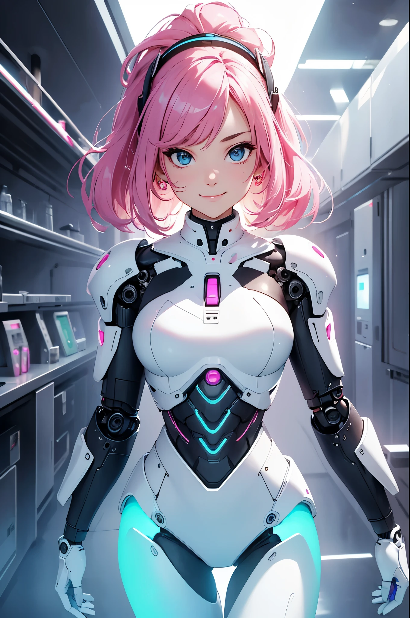 (masterpiece, Best Quality, absurdres, 8K resolution), , ((Solo Girl)), Seductive smile, Pink hair, Blue, Detailed face, Beautiful face, (((white Android body, mechanical parts))), inside laboratory, (charming smile),（neonlight, Vibrant glow, Dynamic color, Vivid Contrast, Futuristic atmosphere，electric energy，shiny reflective surfaces), cowboy shot, looking at viewer, standing upfront, upper body