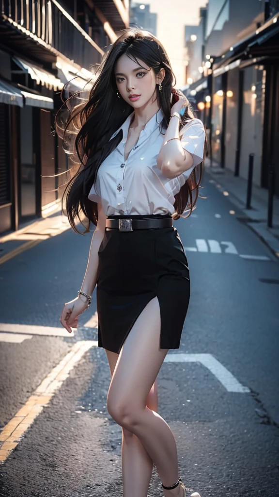 ผู้หญิงญี่ปุ่นที่charming, charming, charmingน่าหลงใหล, ((black hair, long hair long hairมาก, long hairตรง, long hair, The wind is blowing)), ((Beautiful Woman, The texture is realistic., elegant, big girl, dynamic gesture)), ((white short sleeve shirt The shirt is thin and the skin is visible., The chest is clearly visible., Seeing the chest mound., You will see a pile of milk.)), ((short skirt, Black pencil skirt, Black pencil skirtพร้อมเข็มขัดผู้หญิง, Black leather skirt with women&#39;s belt)), ((Symmetrical shape, sexy figure)), ((The heel is completely black., earring, Put on a watch, women&#39;s jewelry)), ((full body photo, Look at every part of the body.)), ((university backdrop))