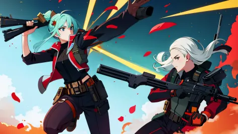 best qualty, 1 attractive girl ,1 boy, with guns in action , in anime , in battle
