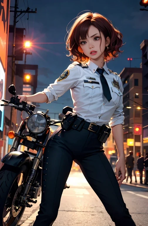 1 live action girl, female police officer, delicate and beautiful face, red face, short curly hair, spread of hair, hair strip dyeing，goggles, anger, parted lips, chest with tattoo, convex buttocks, shirt,Flickering in the chest, With police insignia,, Black suit pants, black high heels, my, Raise the gun in your hand, perfectly proportioned, white motorcycle, police light effect, Future City, film grain, Fuji color, Contrast between light and dark, 8K, masterpiece, rough skin, Super detailed, very detailed, high quality, High resolution,