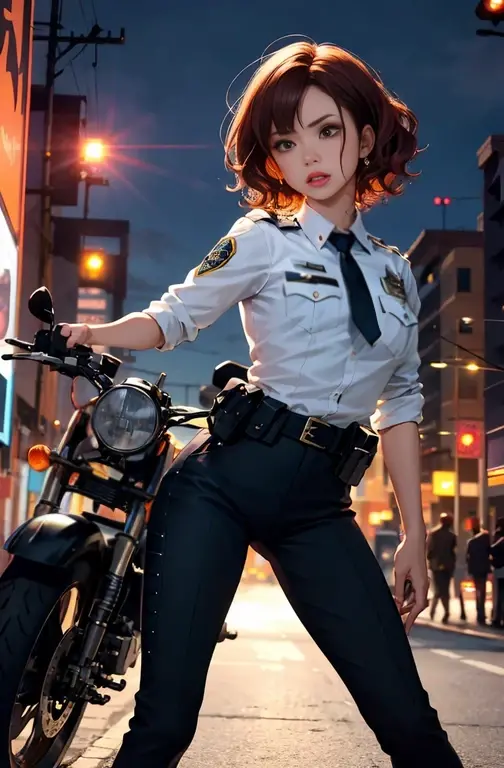 1 live action girl, female police officer, delicate and beautiful face, red face, short curly hair, spread of hair, hair strip d...