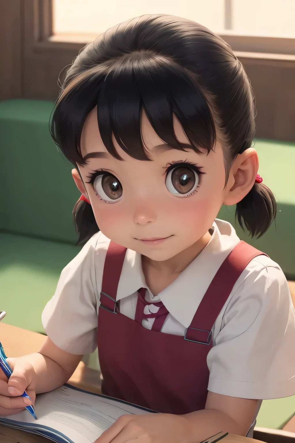 high quality, Masterpiece 1 Girl&#39;s Smile, womone, Upper body, drop. cute face, short hair, Double ponytails behind the ears,  Brown pupils with white reflection