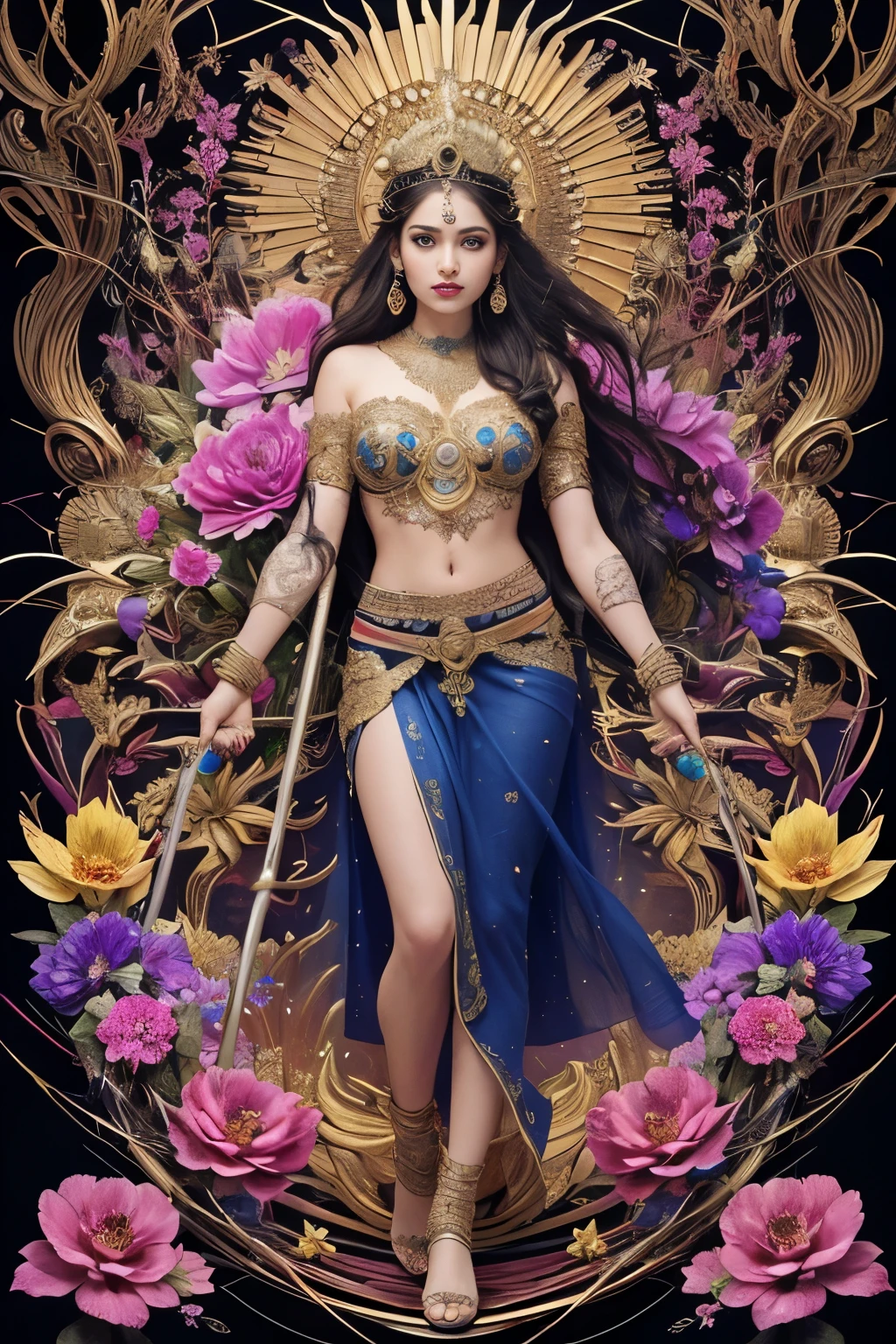 Murugan, hindu god of war with spear in his hand in a battle field. (masterpiece, top quality, best quality, official art, beautiful and aesthetic:1.2), (1girl:1.3), extremely detailed,(fractal art:1.1),(colorful:1.1)(flowers:1.3),highest detailed,(zentangle:1.2), full body, (abstract background:1.3), (shiny skin), (many colors:1.4), ,(earringeathers:1.5),