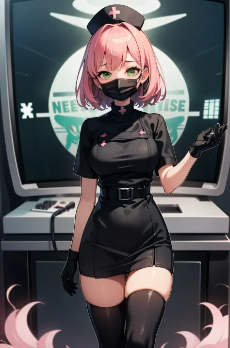 black nurse, 1 girl, alone, black nurse cap, Black Wear, ((black legwear, zettai ryouiki)), black elbow gloves, pink hair, green...