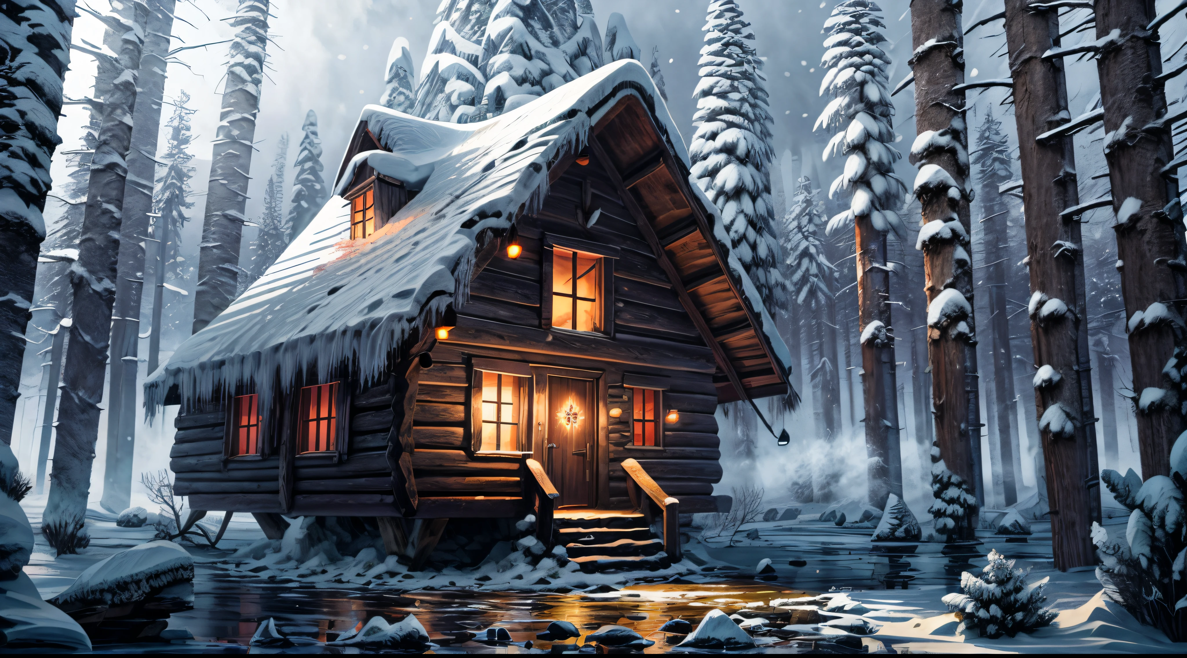 (cartoon style), landscape without people depicting a winter forest in which there is a hut of an evil witch in the center of the image, ((dark winter day)), illustration for children, masterpiece, blizzard in the background, winter, falling snow, detailed, intricate, 4k, art