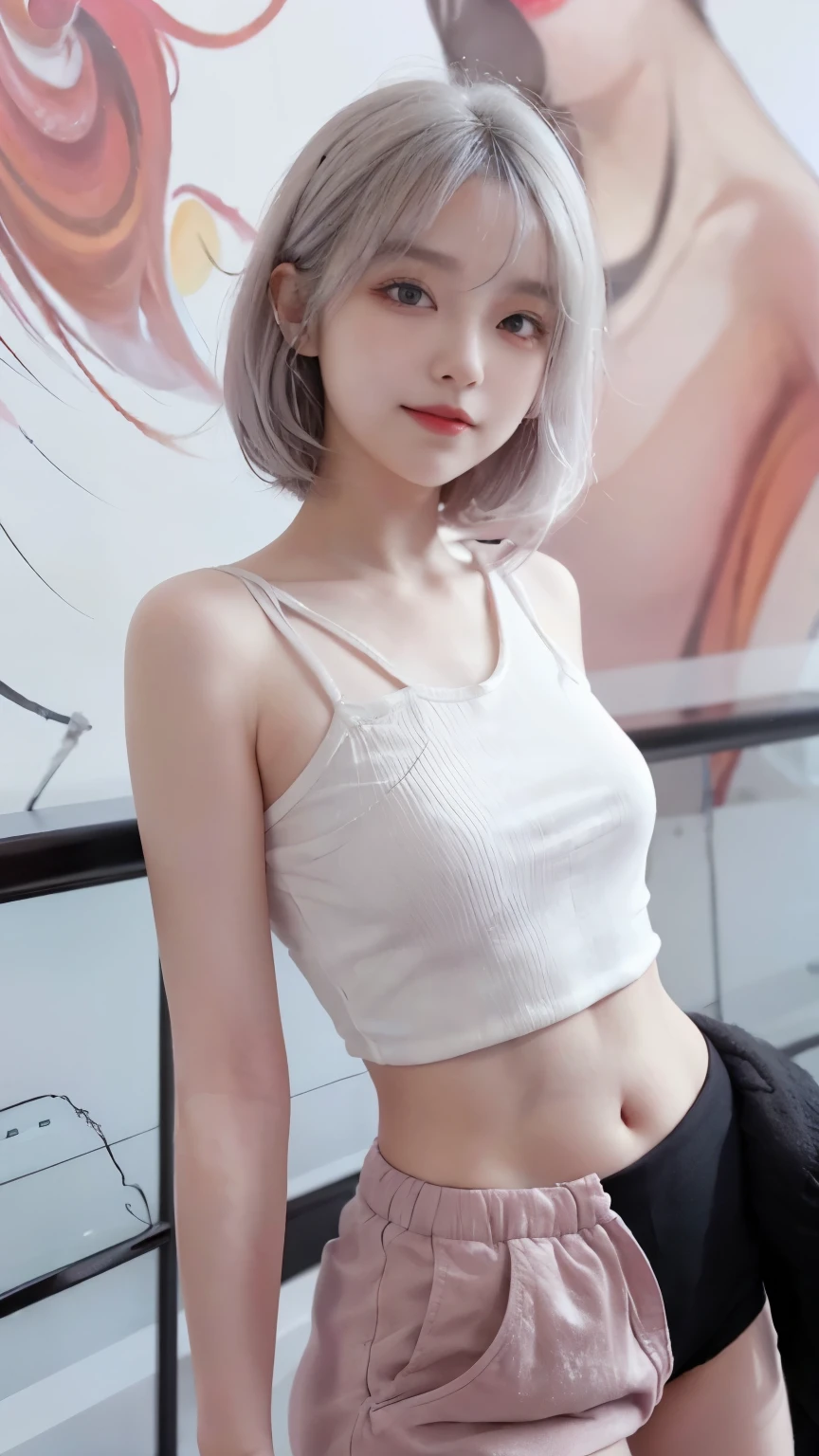 best image quality、RAW photo、ultra high resolution、21 years old Korean、small  breasts、dynamic angle、cowboy shot、the most beautiful form  chaos、elegant、innovative design、innovative design、vivid colors、beautiful  white hair、short bob、smile