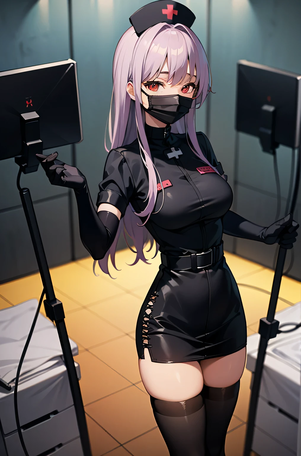 black nurse, 1 female, alone, black nurse cap, Black Wear, ((black legwear, zettai ryouiki)), black elbow gloves, long hair, purple hair, red eyes, ((Black surgical mask, Covered nose)), Are standing, ((operating room)), sharp outline, short sleeve, mature woman, 35 years old, highest quality, masterpiece