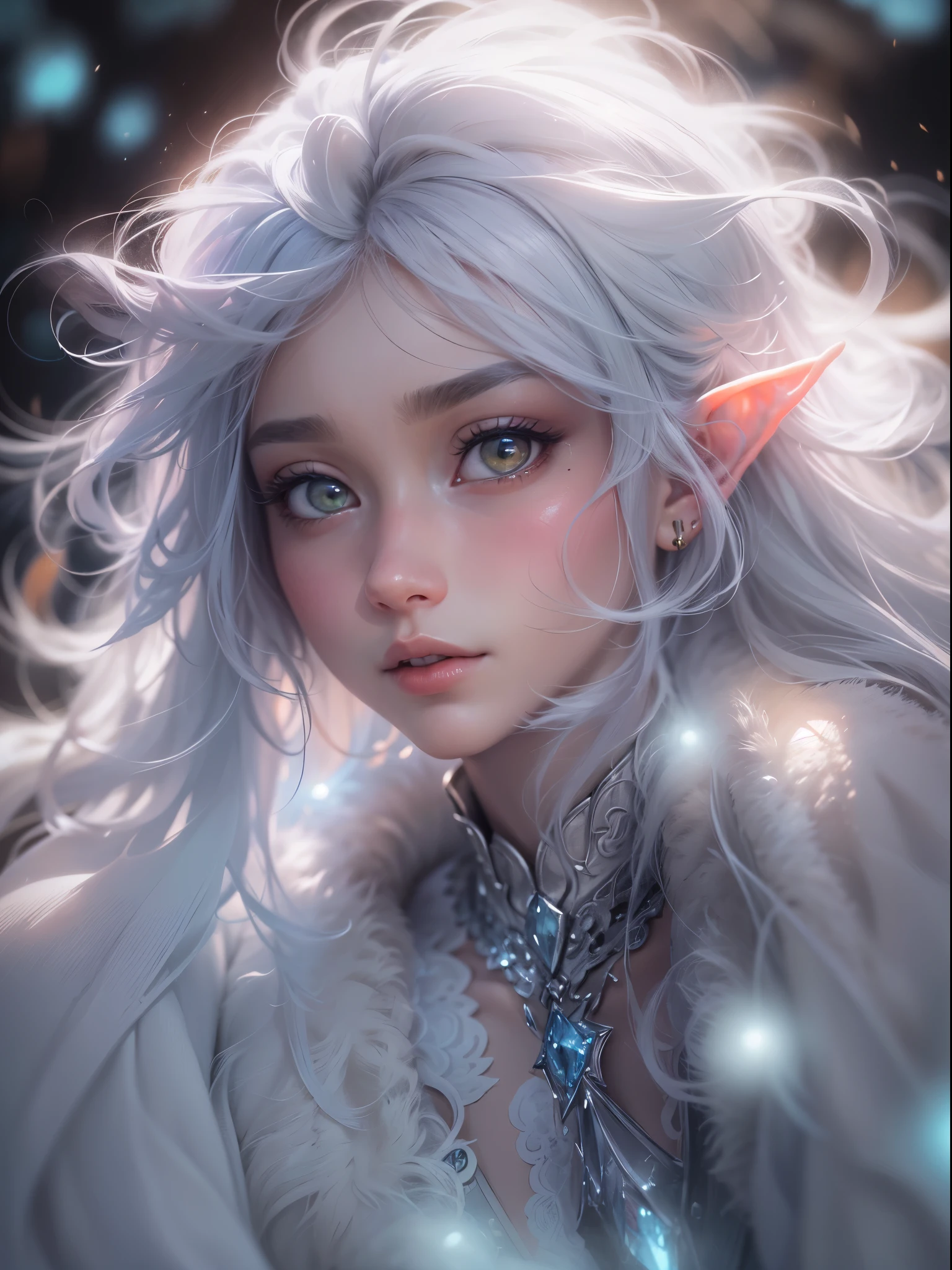 (best quality,4K,8k,high resolution,masterpiece:1.2), Super detailed, (actual,lifelike,photorealistic:1.37),Perfect work，backlight，（frozen rime：1.37，refracted light，Frost，transparent，（beautiful elf，elf earright Eyes，Sharp teeth，white hair，messy hair，Shoulder），HDR，UHD，light，super fine painting，sharp focus，Physically based rendering，Extremely detailed description，major，Vibrant colorlur background。 Art style：portrait，Fantasy，magical creatures，Cold tones，Ethereal atmosphere。