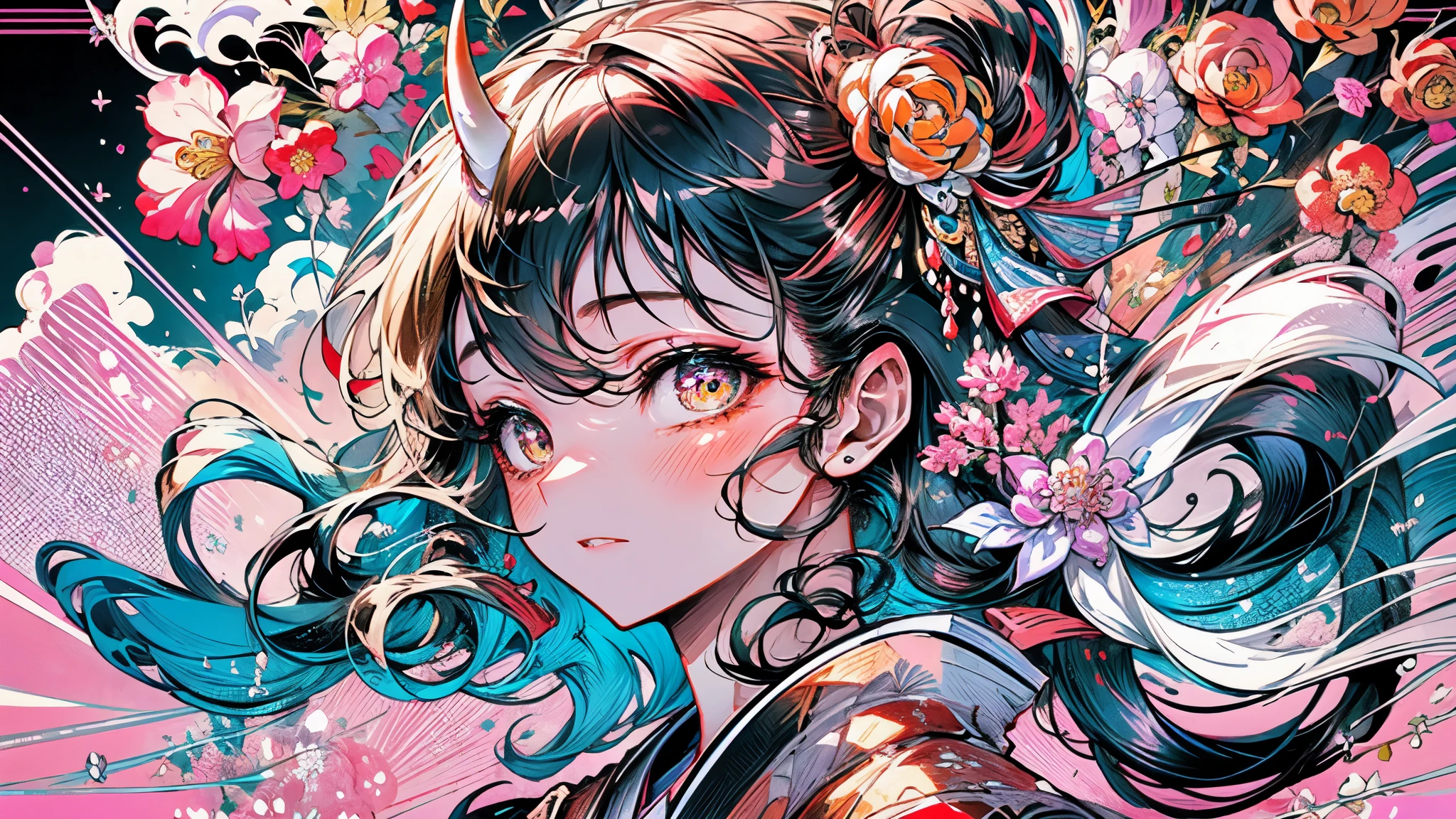 (best quality,masterpiece:1.2,intricate details:1.2),beautiful face,ukiyoe,1girl,a girl in patterned kimono,look at viewer:1.3,face tattoo:1.2,small oni horn,detailed hair,flowing brushstrokes,traditional Japanese art, vibrant colors, golden obi, delicate cherry blossoms, serene expression, traditional makeup, peaceful background, soft lighting