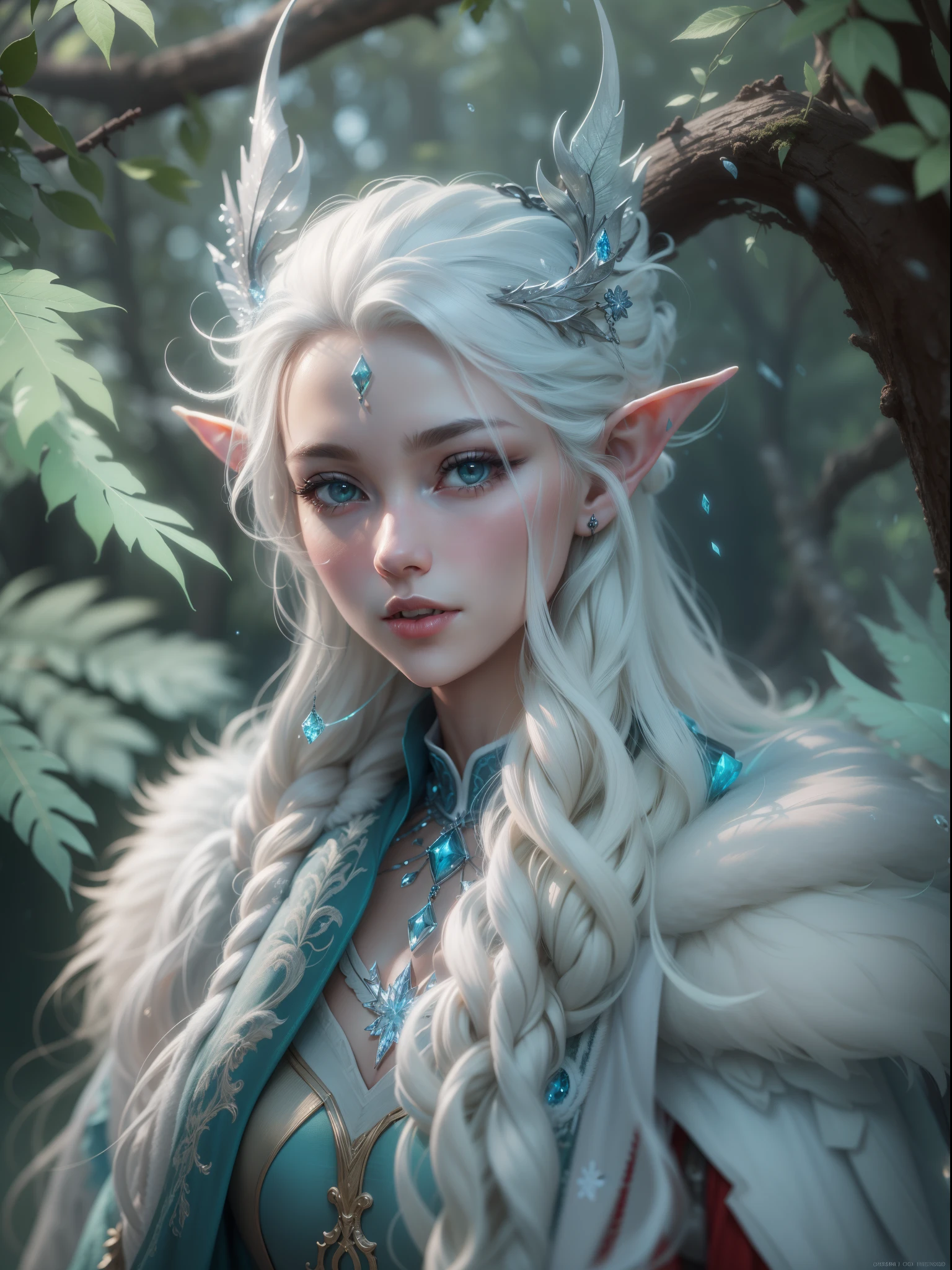 (best quality,4K,8k,high resolution,masterpiece:1.2), Super detailed, (actual,lifelike,photorealistic:1.37),Perfect work，backlight，（frozen rime：1.37，refracted light，Frost，transparent，（Stylized female elf,elf earright Eyes，Sharp teeth，white hair，messy hair，wing。），HDR，UHD，light，super fine painting，sharp focus，Physically based rendering，Extremely detailed description，major，Vibrant colorlur background。 Art style：portrait，Fantasy，magical creatures，Cold tones，Ethereal atmosphere。