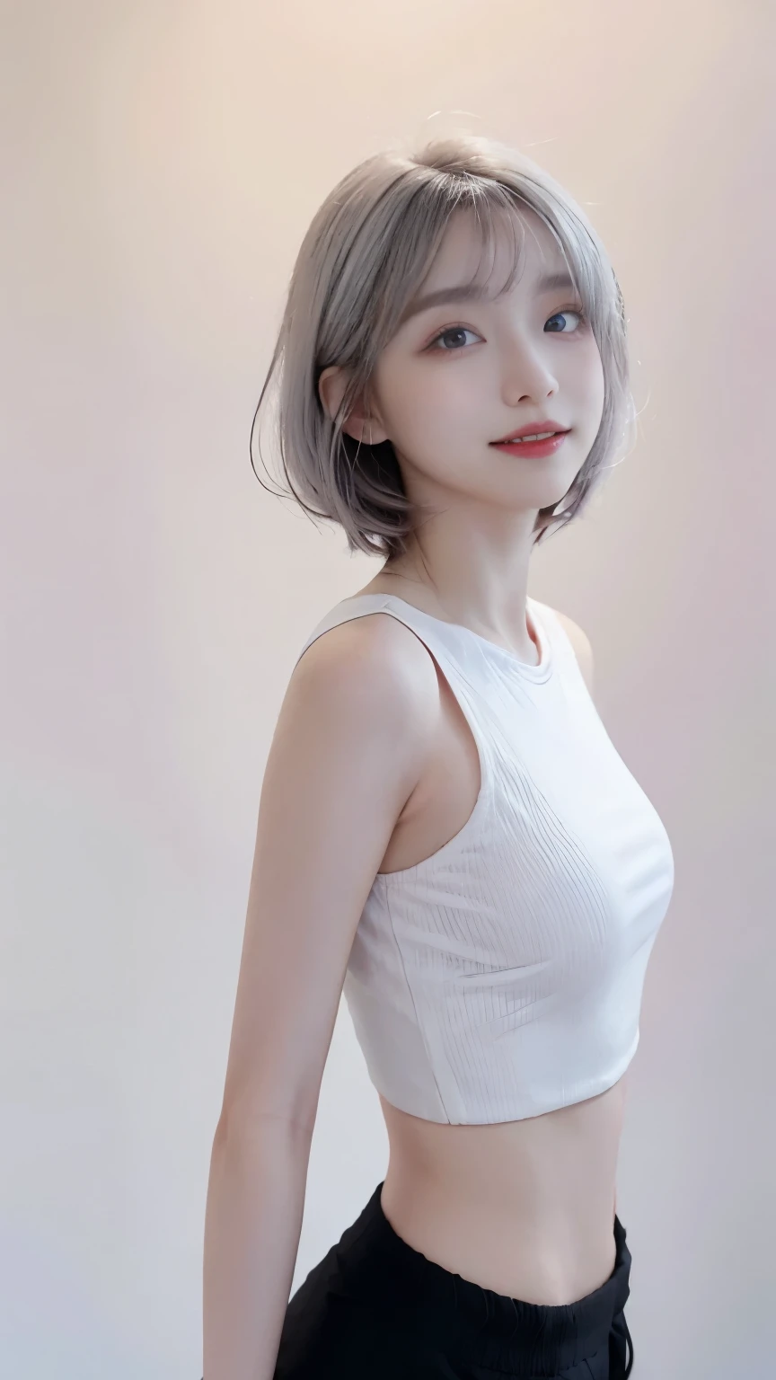 best image quality、RAW photo、ultra high resolution、21 years old Korean、small  breasts、dynamic angle、cowboy shot、the most beautiful form  chaos、elegant、innovative design、innovative design、vivid colors、beautiful  white hair、short bob、smile