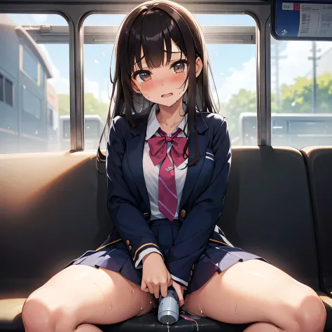 ((((muste piece, Top quality, best quality, 1 girl, solo, beautiful anime、detailed picture))))、(((17 years old、slender、thin thighs、normal chest、dark brown hair、straight、long hair、brown eyes、round eyes、Clear system、))),((((In a crowded train、blue sheet、Seat...