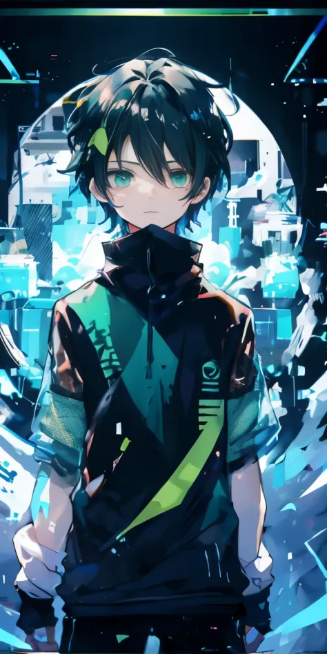 Clear and gentle picture。anime illustration。digital hacker。A young man with black hair and blue-green mesh.。bluish green eyes。Ap...