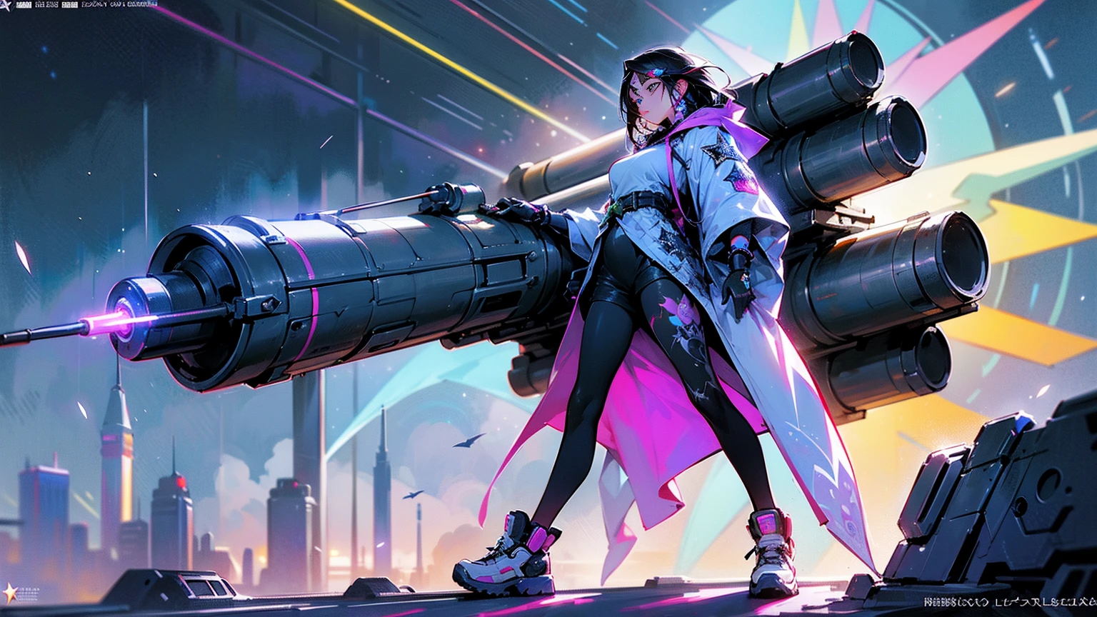A Full Body Shot Of An Anime Manga Gypsy Woman, Dark Hair, ((Star Tattoos On Her Body)), Holding A Really Big Military Rocket Cannon On Her Shoulder. She Is Wearing Cyberpunk Summer Clothing And Futuristic Sneakers, Beautiful Rainbow Glowing Radiant Cybernetic Energy With Vivid Bioluminescent Colors, Vibrant Lighting, A Neo-Tokyo-Style City, (It's A Fantastically Detailed Masterpiece), (Highest Artistic Quality).