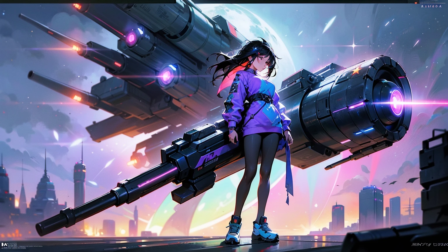 Une photo complète du corps d&#39;une femme gitane de manga animé, cheveux foncés, ((Tatouages d&#39;étoiles sur son corps)), Tenant un très gros canon-fusée militaire sur son épaule. Elle porte des vêtements d&#39;été Cyberpunk et des baskets futuristes, Belle énergie cybernétique rayonnante arc-en-ciel avec des couleurs bioluminescentes vives, éclairage vibrant, Une ville de style néo-Tokyo, (C&#39;est un chef-d&#39;œuvre incroyablement détaillé), (Qualité artistique la plus élevée).
