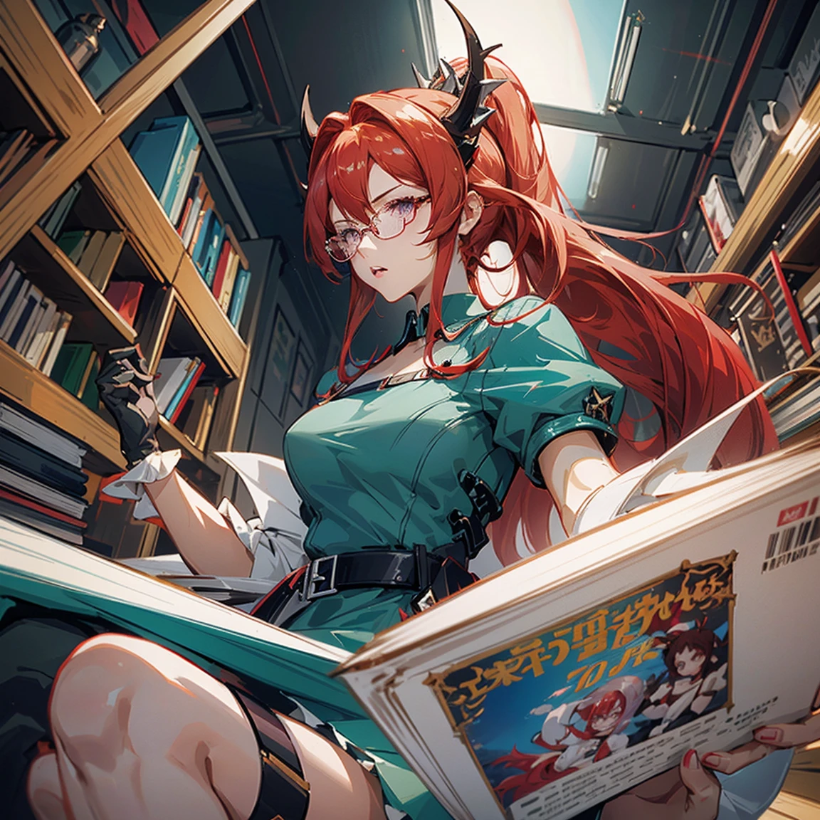 Garota madura de anime (28 anos de idade), cabelo vermelho, rabo de cavalo alto, uma mecha branca de cabelo na frente, faixa de cabelo de cristal , ((copos)), vestido de bibliotecária, ombreiras que parecem asas, paleta de cores ouro vermelho e azul-petróleo, livros