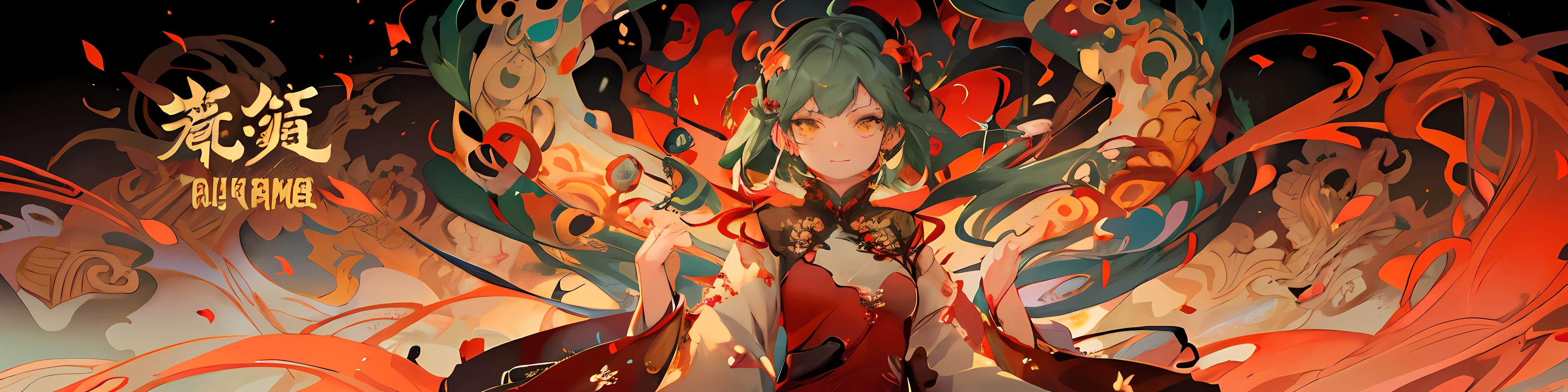 1girl, chibi, (green hair), yellow eyes, detailed beautiful face and glowing eyes, happy, happy face,
(new year), (chinese dragon), red background,dress,chinese clothes,red dress,china dress,
8k, ultra detail, very complicated background, swaying hair