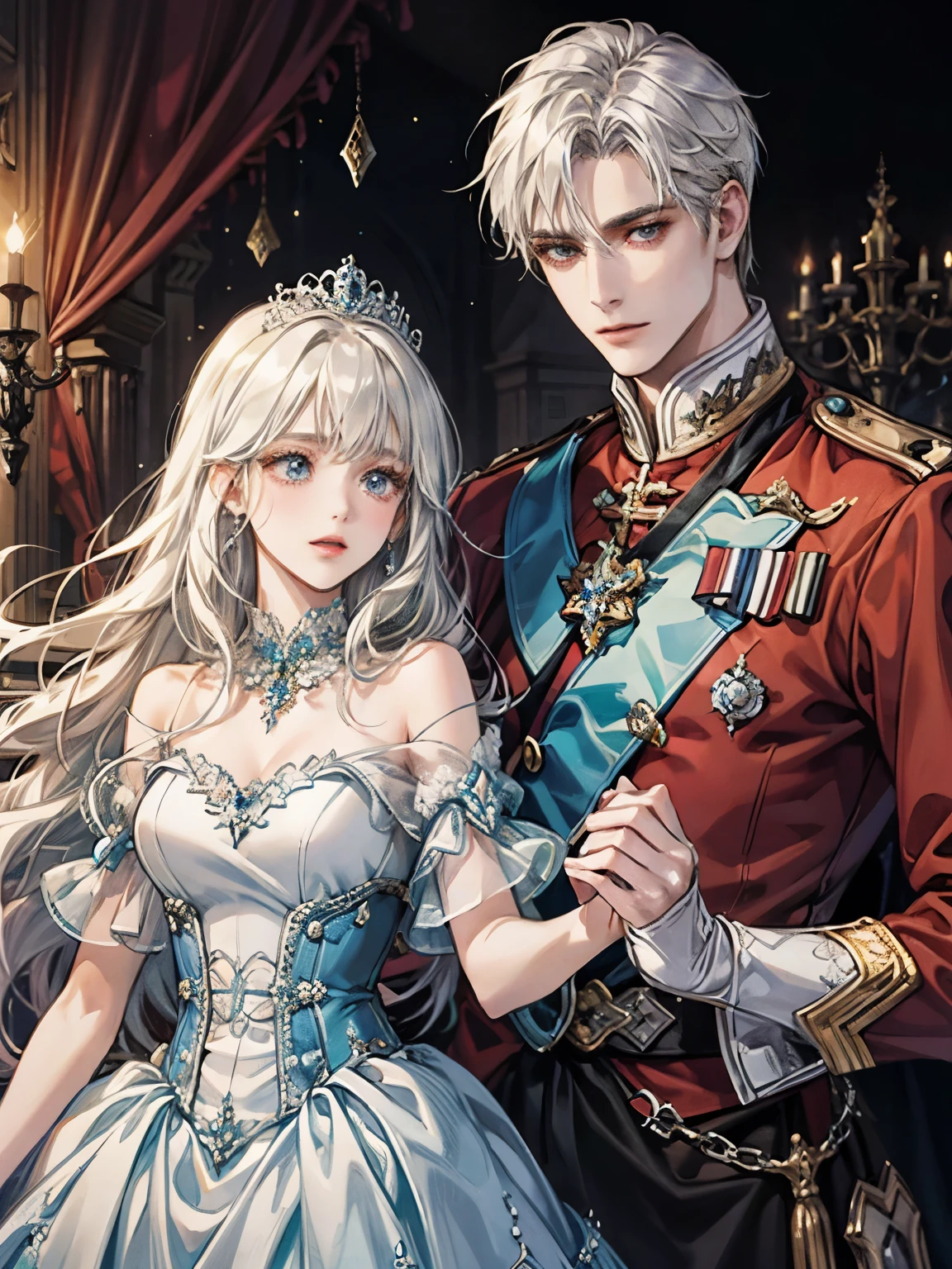 ((highest quality))、((masterpiece)) White and blue princess dresses、light、Girl with long white hair、palace、Brilliant、happy man and woman dancing waltz、blonde guy、detailed face、Woman with white hair、high resolution、the face becomes clearer、、Prince and Princess、Man with short hair、Castle、最high resolution