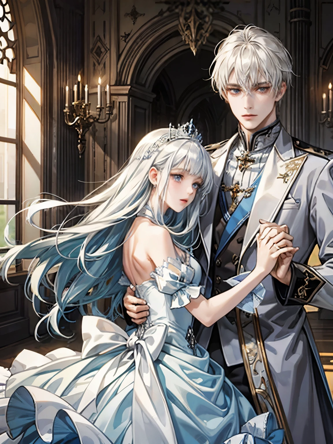 ((highest quality))、((masterpiece)) White and blue princess dresses、light、Girl with long white hair、palace、Brilliant、happy man and woman dancing waltz、blonde guy、detailed face、Woman with white hair、high resolution、the face becomes clearer、、Prince and Princess、Man with short hair、Castle、最high resolution、A world just for two people、Soft touch