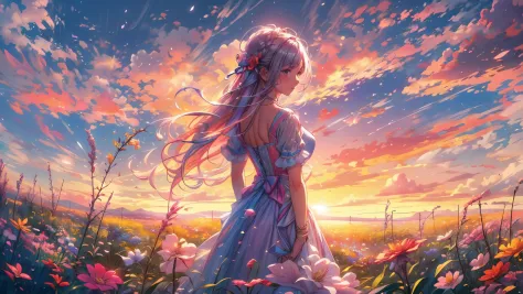 a stunning wide view image of an anime young woman looking at the vast plain, countless of grass and colorful flowers, dreamlike...